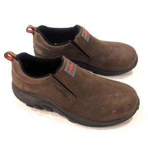 MERRELL Men's Jungle Moc Brown Leather Slip-On SR Work Shoes Size 9.5